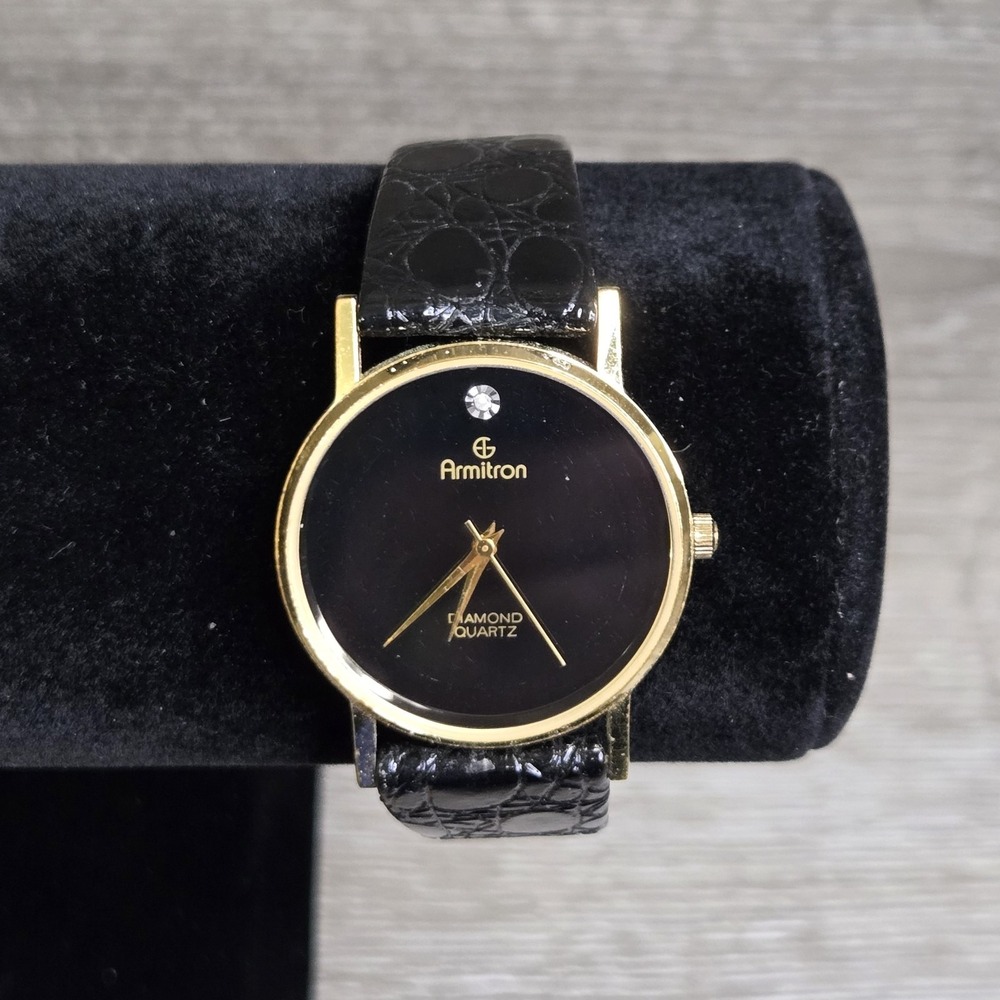 Vtg Armitron Diamond Watch Women 32mm Black Dial Gold Tone Leather New Battery